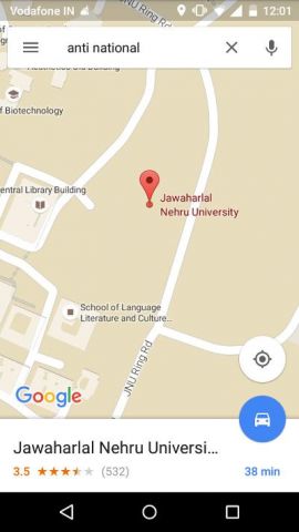 Search Sedition or Anti-national on Google Map and JNU come up