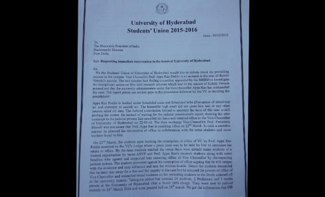 A letter to President Pranab Mukherjee by Students' Union of University of Hyderabad