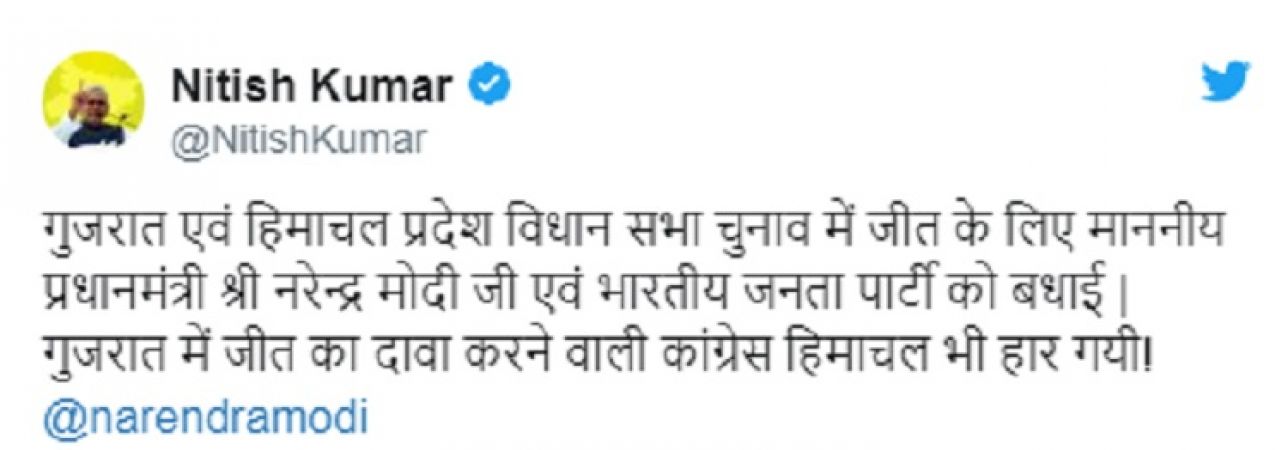 मुख्यमंत्री नितीश कुमार ने ट्वीट कर, दी प्रधानमंत्री को बधाई
