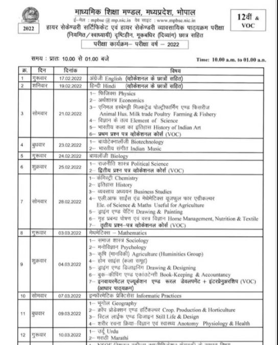 MP: 10th and 12th exam dates announced, time table released