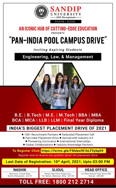 Sandip University Conducts Pan-India Pool Campus Drive For Students Online, It Was Biggest Placement Drive Of 2021