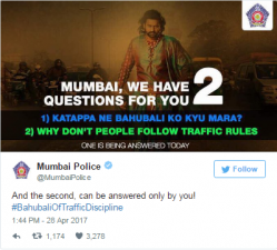 मुंबई पुलिस ने भी 'बाहुबली2' का पोस्टर शेयर कर पूछा यह ज्वलंत सवाल