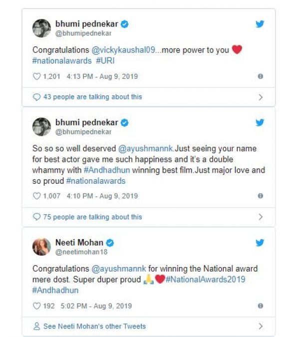 नेशनल अवॉर्ड जीतने पर बॉलीवुड ने जमकर की आयुष्मान-विक्की की तारीफ