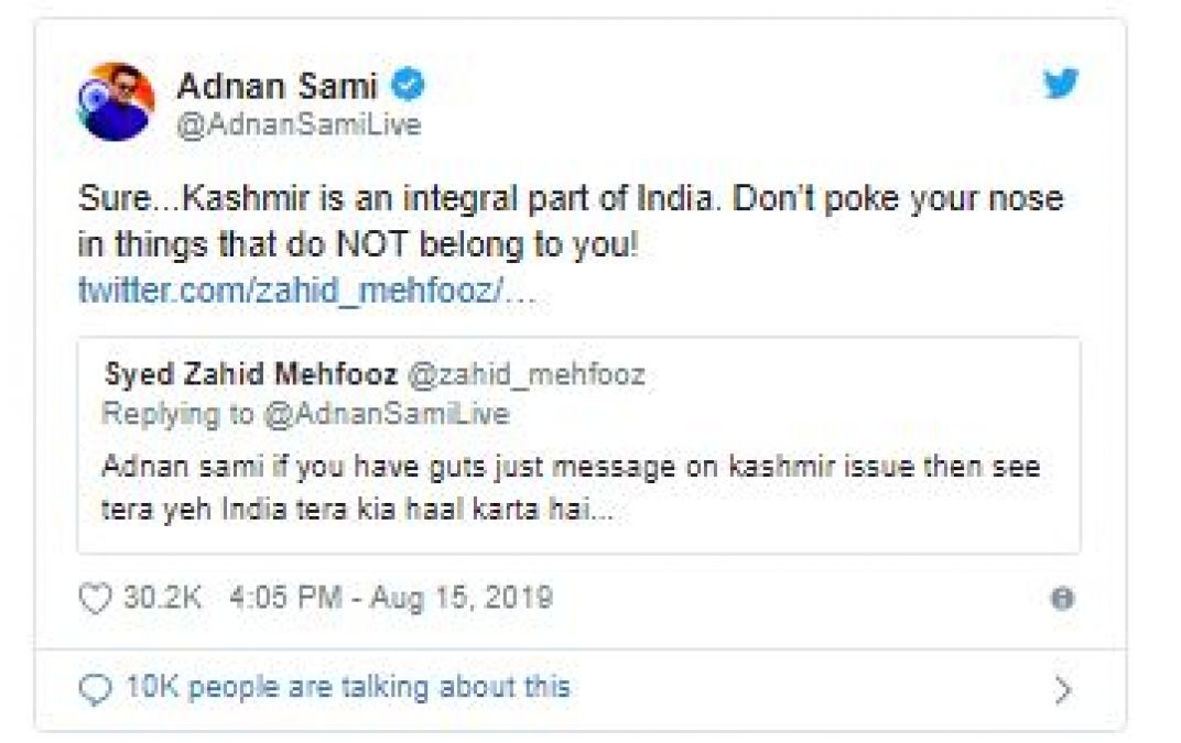 अदनान सामी ने बंद कर दी पाकिस्तानियों की बोलती, कहा- कश्मीर भारत का...