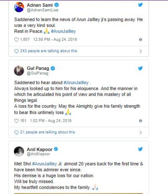 Bollywood, who was saddened by Jaitley's demise, said 