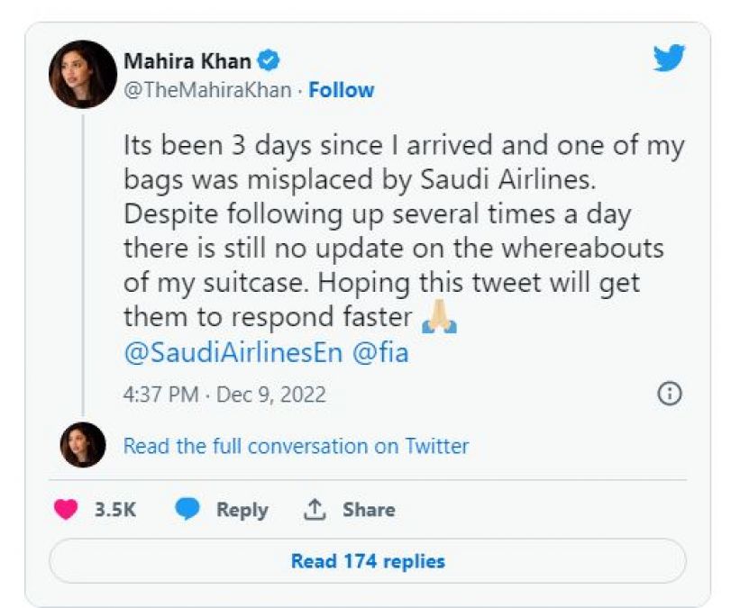 सऊदी एयरलाइंस पर भड़कीं माहिरा खान, ट्वीट कर लगाई फटकार