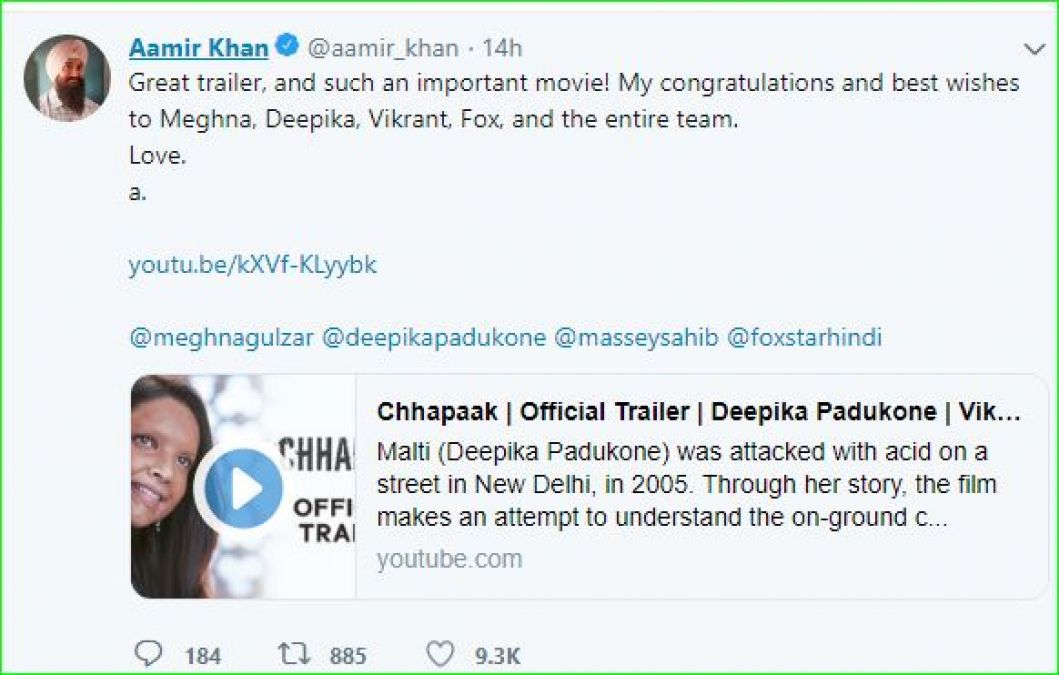 Aamir became emotional after watching Chhapak's trailer, says- 