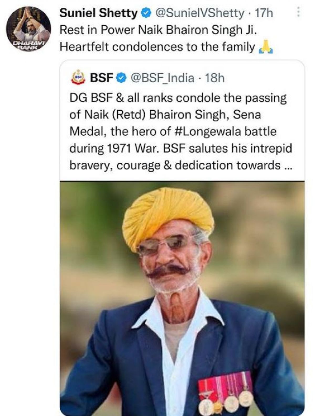 सुनील शेट्टी ने BSF के नायक भैरों सिंह राठौर को दी श्रद्धांजलि