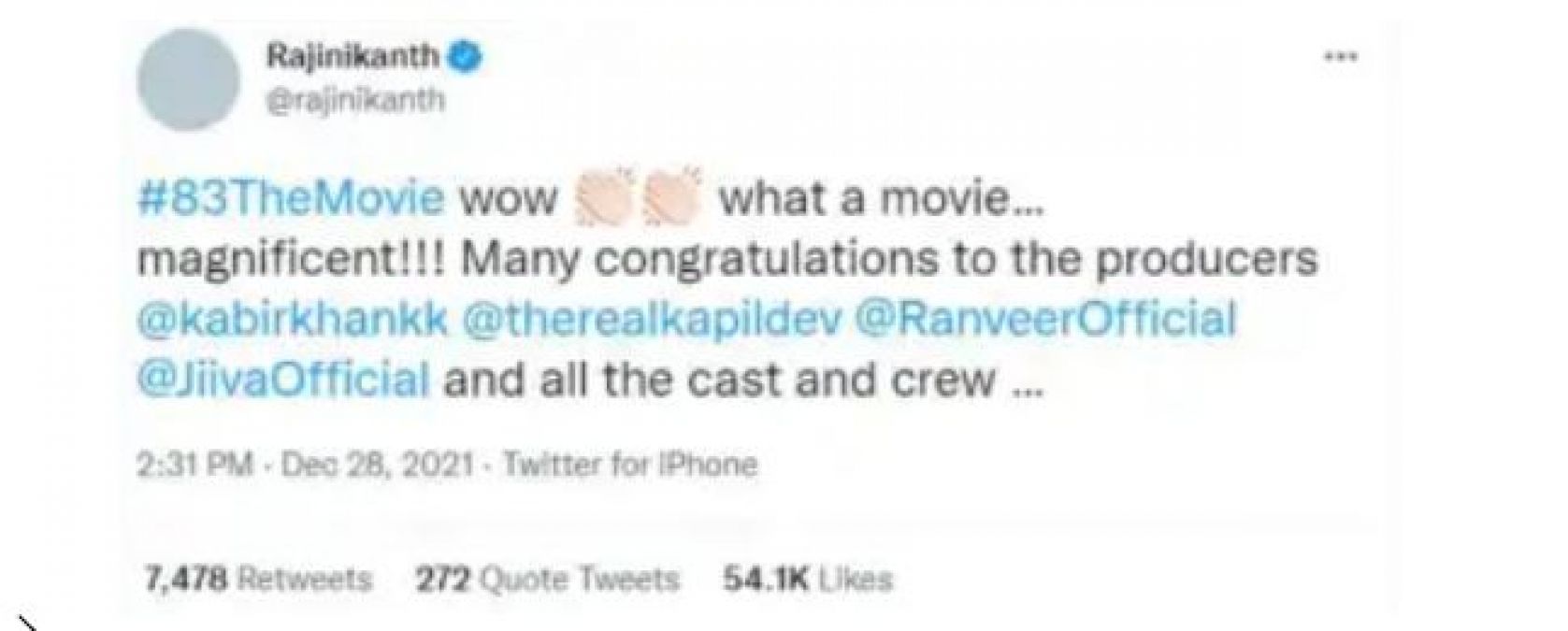 Rajinikanth became a fan of Ranveer, said these things in praise of 83