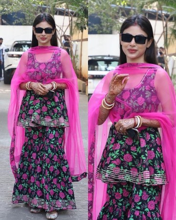 Mouni Roy spotted in pink floral sharara suit for first time after marriage