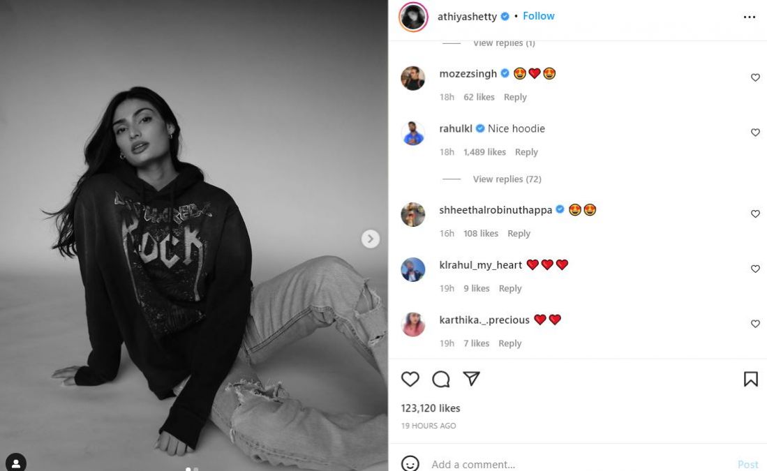 Athiya poses wearing boyfriend KL Rahul's hoodie, cricketer comments