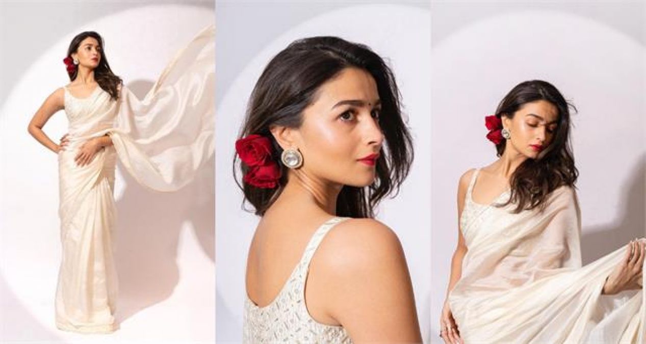 Alia shared heart-winning picture in white saree with red rose on hair