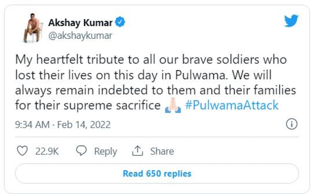 Akshay Kumar remembered the soldiers martyred in Pulwama, tweeted 