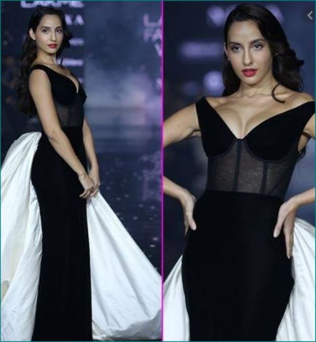 Nora Fatehi set fire on-ramp with deep neck and off-shoulder gown at Lakme Fashion Week