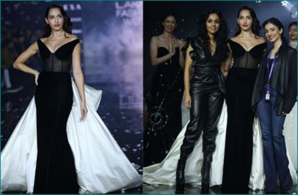 Nora Fatehi set fire on-ramp with deep neck and off-shoulder gown at Lakme Fashion Week