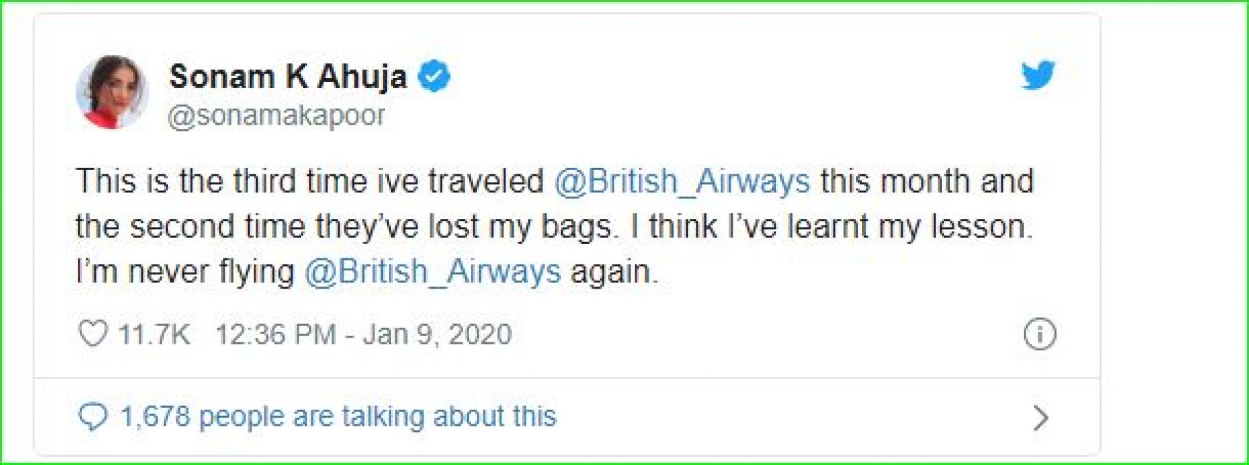 Sonam Kapoor Is Furious After British Airways Lost Her Luggage 'Second Time This Month'