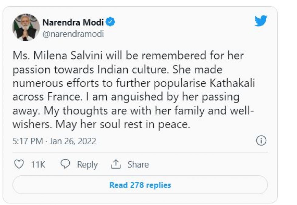 पद्मश्री सम्मानित मिलिना साल्विनी का निधन, PM मोदी ने जताया दुःख