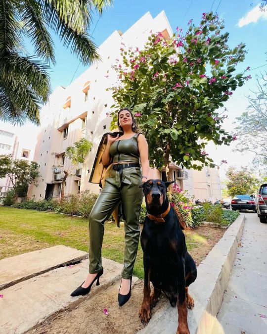 Akshara Singh looking beautyful in olive green crop top and matching pants