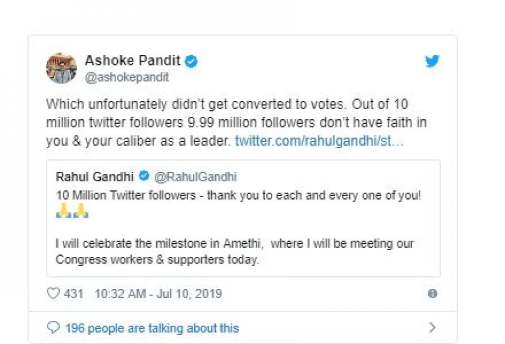 Rahul Gandhi Thanked his followers on completing 10 Million followers on Twitter; this filmmaker said, 'Don't trust'!