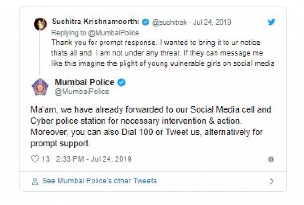 Suchitra Krishnamurthy gets a dirty message on Facebook,  Mumbai police reach to her!