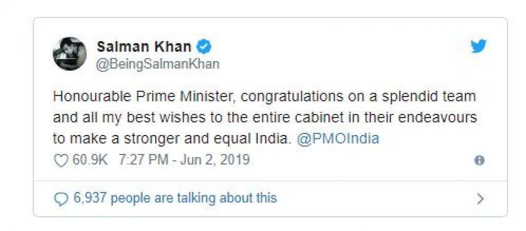 Salman Khan congratulates PM Modi and cabinet in a recent tweet
