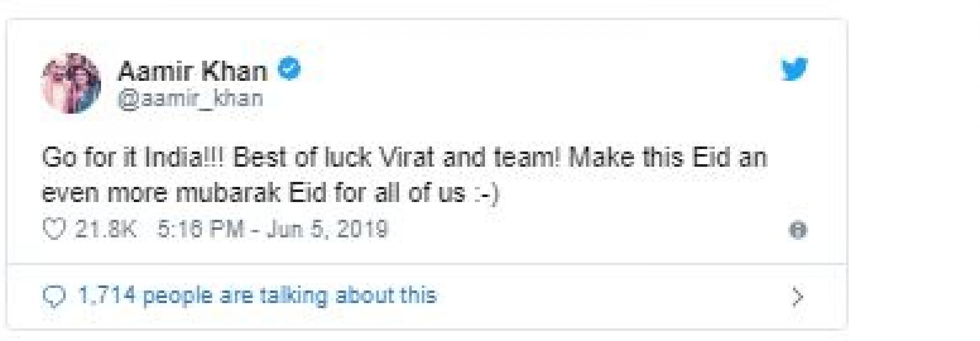 On Eid, Aamir tweets to Virat Kohli, read on!