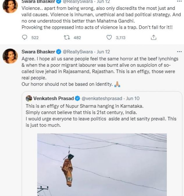 Swara got furious after seeing Nupur Sharma's effigy, Replied to Venkatesh Prasad