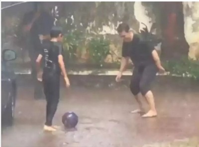 Aamir Khan seen playing football with his son in the rain