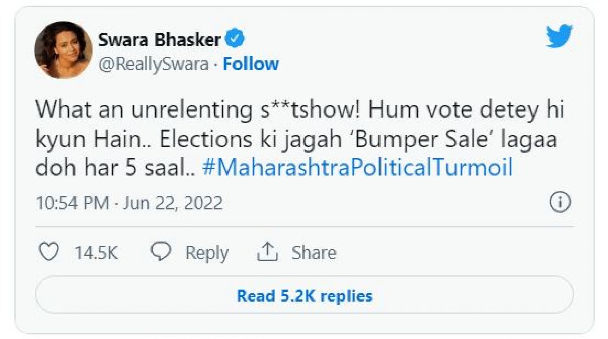 The actress was trolled for saying 'there is a bumper sale in Maharashtra politics'