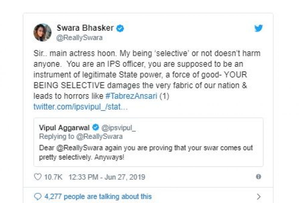 Swara Bhaskara shuns the IPS Officer for her comment!