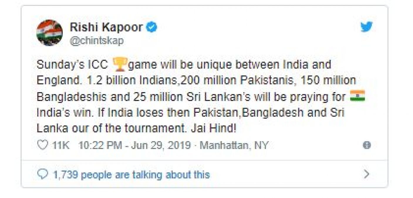 Rishi Kapoor says why Pakistan, Bangladesh and Sri Lanka fans are praying for victory of India against England