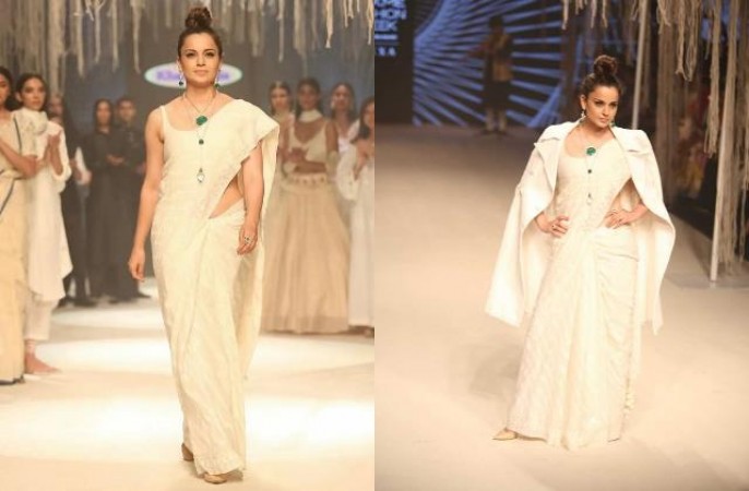 Kangana walked the ramp in a white sari, fans were convinced