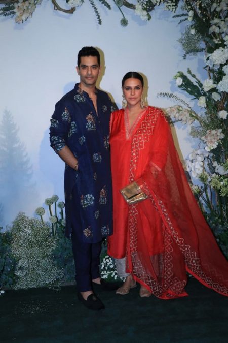 Neha Dhupia reached Arpita's Eid party with husband Angad Bedi.