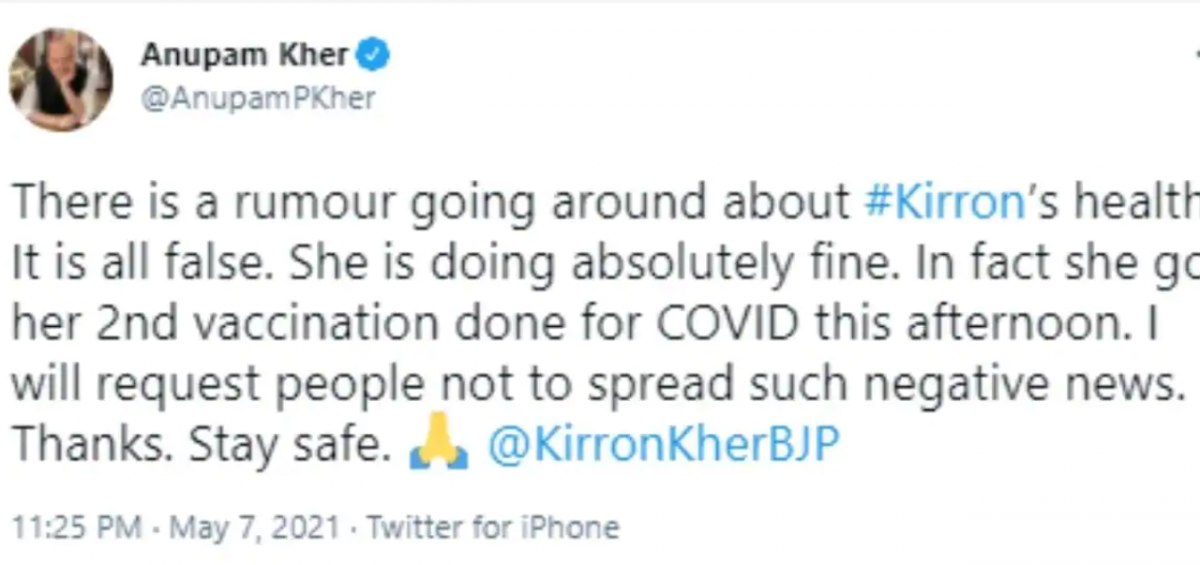 Anupam Kher tweets on rumors about the health of his wife