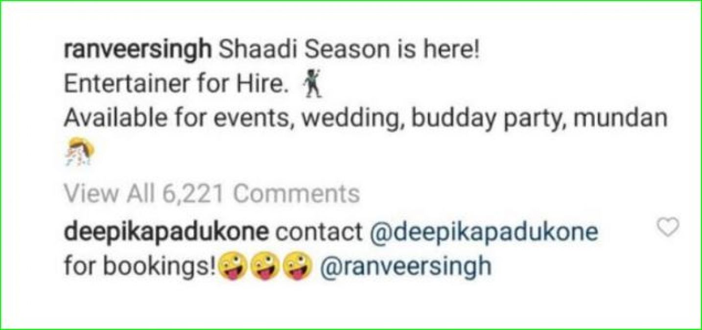 Deepika commented on shared Ranveer's photo: 