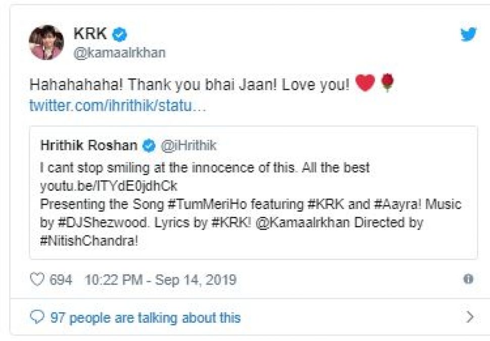 After Amitabh, now Hrithik tweeted on KRK's song, 