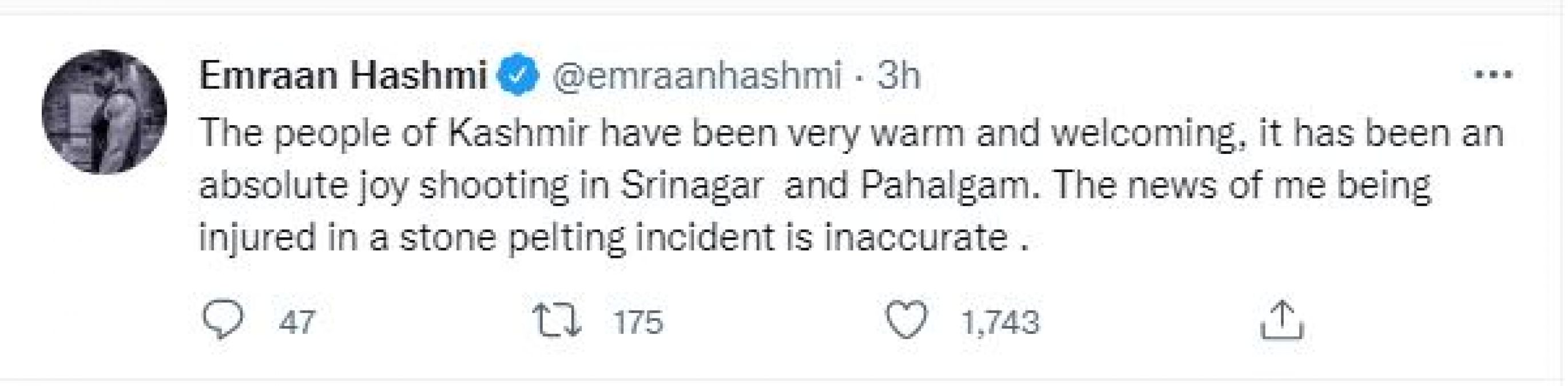 पत्थरबाजी में गंभीर रूप से घायल हुए इमरान हाशमी!, ट्वीट कर बोले- 'कश्मीर के लोग बहुत गर्मजोशी और स्वागत कर रहे हैं'