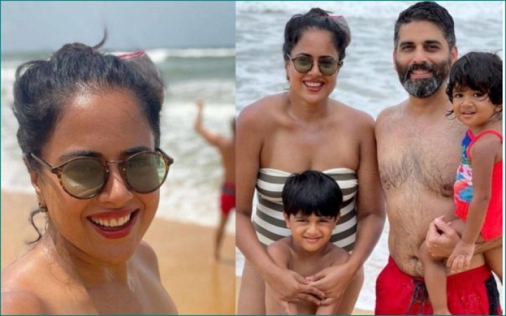 Sameera Reddy is enjoying with her husband in Goa, seen in a monokini