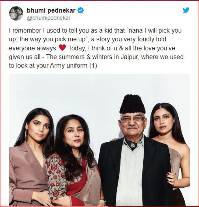 Bhumi Pednekar pens heartfelt message after her maternal grandfather passes away