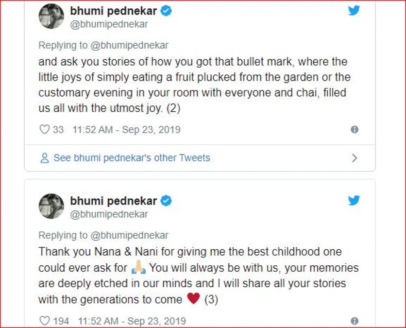 Bhumi Pednekar pens heartfelt message after her maternal grandfather passes away