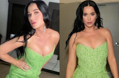 Katy Perry's unique look in a green off-shoulder top and open hair