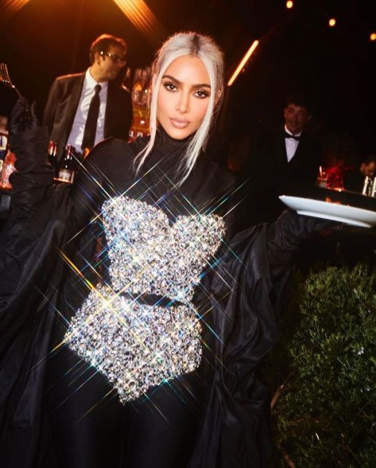 Kim looked dazzling in a diamond studded dress