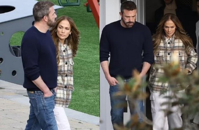 Jennifer Lopez appears in a casual look with husband Ben
