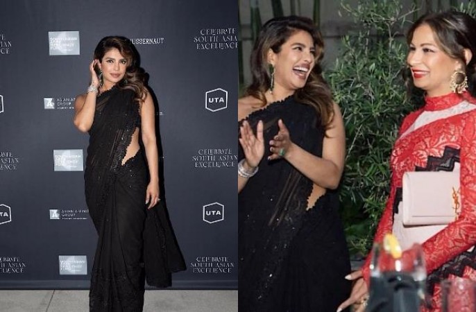 For the first time since becoming a mother, Priyanka arrives at the event wearing black saree