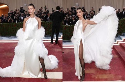 Hailey Bieber arrives at the Met Gala event just a few days after a blood clot in the brain.