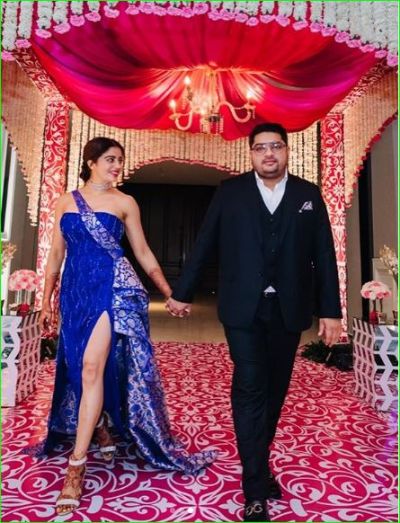 Neha Pendse seen in a blue heavy embroidery gown at the reception