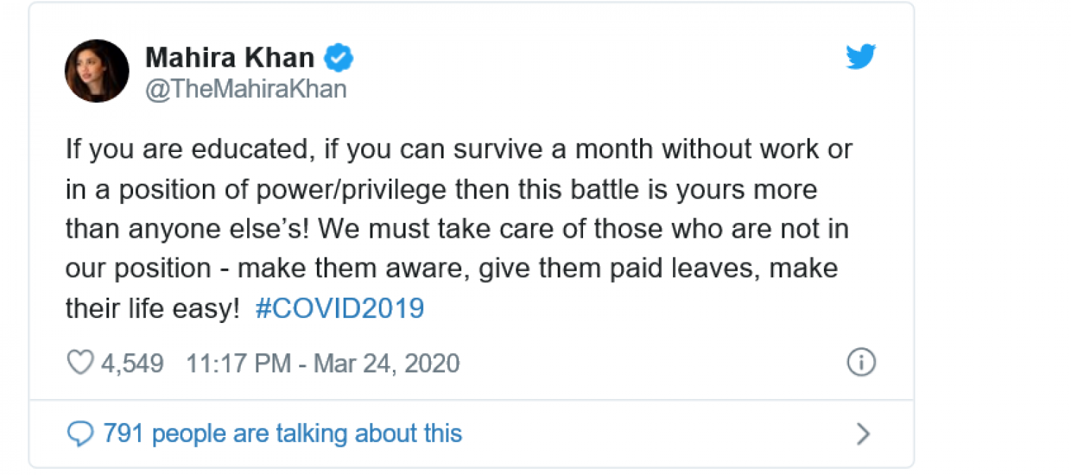 कोरोनावायरस को लेकर इस पाकिस्तानी एक्ट्रेस ने किया ट्वीट, हो रही तारीफ़