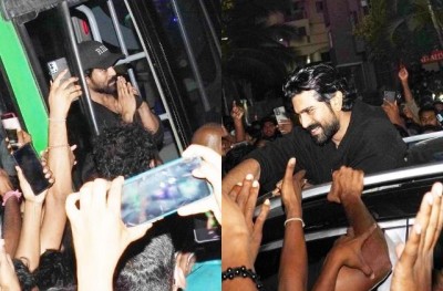 Huge crowd of fans thronged to see Ram Charan who arrived at the first show of his own film RRR