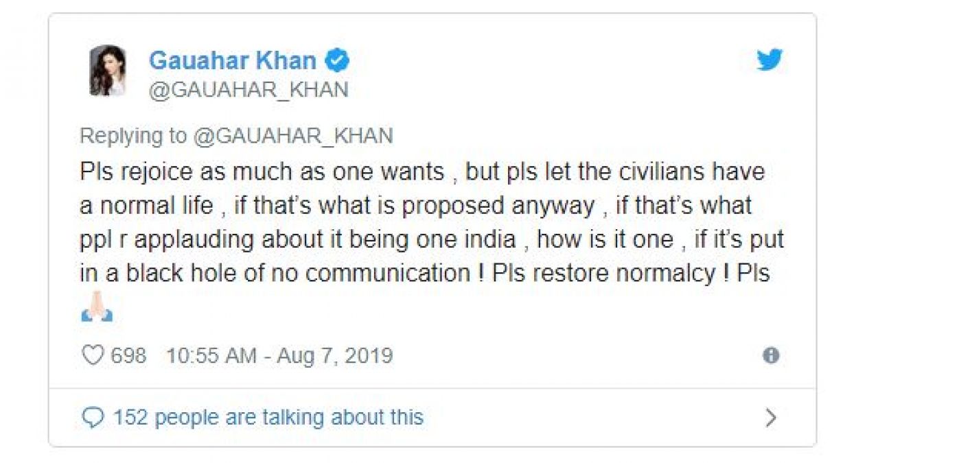 Gauhar Khan, speaking on article 370, said: 'Children are crying...'