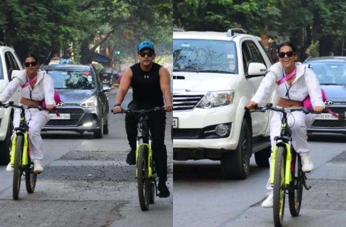 Nia Sharma seen cycling on Mumbai roads with Aditya